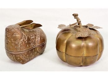 Two Vintage Adorable Brass Figural Trinket Boxes