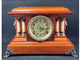 Antique Seth Thomas Adamantine Double Faux Marble Wood Case Mantle Clock