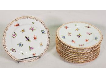 Ten Vintage RK Dresden Hand Painted Floral Porcelain Plates