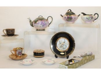 Mixed Vintage Asian Inspired Porcelain Lot With Tea Set, Pie Knife, Chokin Pieces, Etc.