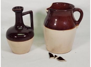 Two Antique Stoneware Salt Glazed Brown & Beige Pitcher & Cruet Pitcher