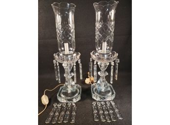 Stunning Pair Of Vintage 1930s Ornate Clear Crystal Hurricane Lamps With Wheel Cut Crystal Prisms