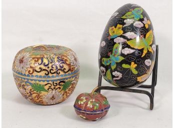 Trio Of Brass Cloisonne Egg And Two Apple Shaped Trinket Boxes