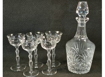 Beautiful Vintage Galway Ireland Decanter & Five Crystal Wine Glasses (Not Branded)