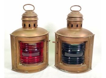 Fantastic Pair Of Brass Antique Perkins Perko De Lites Port & Starboard Red & Green Glass Marine Lanterns