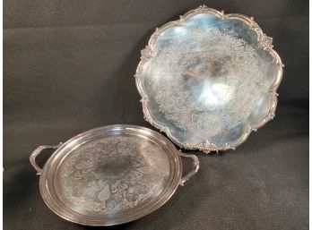 Two Large Vintage Silver Plate Footed  Serving Platter & Handled Tray