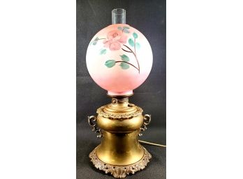 Dramatic Antique Brass Oil Lamp Electric Conversion With Hand Painted Floral Milk Glass Globe Shade