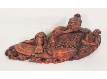 Fabulous Antique Wood Carved Asian Reclining Man Figurine With Inlaid Teeth & Eyes