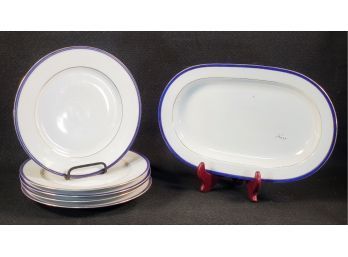 Vintage Johann Seltmann Vohenstraub Bavaria Dinner Plates & Oval Platter - White With Cobalt & Gold Trim