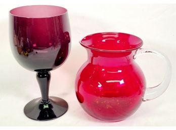 Pretty Vintage Red Handblown Glass Pitcher & Deep Purple Oversized Goblet