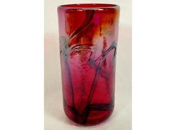 Pretty Iridescent Red Cylinder Shaped Hand Blown Art Glass Flower Vase