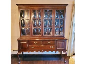 Lovely Ethan Allen Two Piece Cherry Wood Traditional Styled Bubble Glass Breakfront Hutch