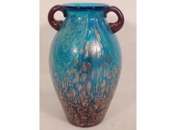 Beautiful Hand Blow Turquoise Blue & Brown Art Glass Vase With Copper Flecks