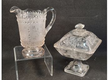 Antique 1800s Victorian Presses Glass Beverage Pitcher & Two Piece Covered Compote