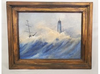 Vintage 1974 Lighthouse Ocean Scene Signed Oil Painting By Robert Voss