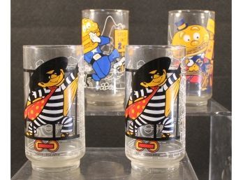 Vintage Lot Of Four 6' McDonald's Glass Tumblers From 1977 - Hamburgler, Big Mac & Mayor McCheese