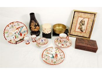 Vintage Asian Mixed Assortment, Silk Art, Carved Wood Box, Porcelain Dinnerware & More