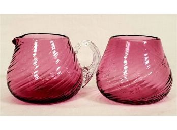 Lovely Vintage S&C Swirled Hand Blown Cranberry Glass Open Sugar Bowl & Creamer Pitcher Set