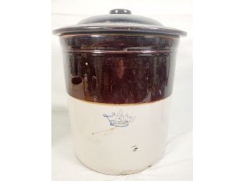 Antique Beige & Brown Stoneware 5 Gallon Crock With Lid - Blue Crown 5 Logo