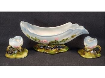 Vintage Three Piece Hull Pottery USA - Large Centerpiece Bowl & Pair Candlestick Holders