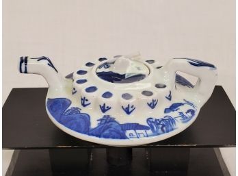 Vintage Unique Asian Blue Transferware Pottery Invalid Feeder