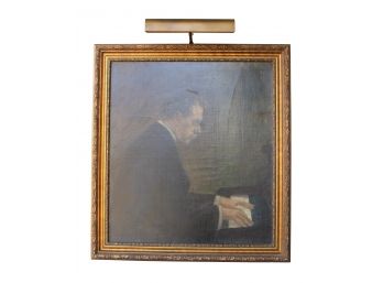 Large Antique Framed Unsigned Oil On Canvas - Man Playing Piano