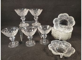 Vintage Crystal Dessert Cups & Small Glass Ribbed Flower Shaped Snack / Appetizer Plates