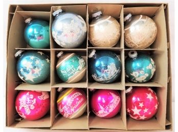 Twelve Vintage Mica Stenciled Shiny Brite Mercury Glass Christmas Ornaments