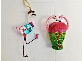 Two Vintage Handblown Glass Pink Flamingo Christmas Ornaments