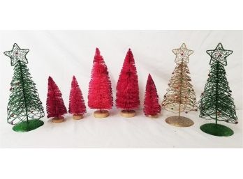 Eight Pink Bottle Brush & Glitter Wire Christmas Table Top Trees