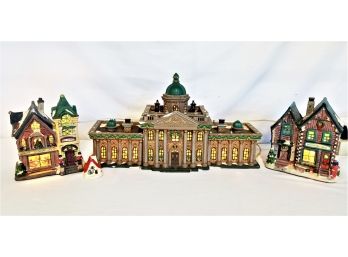 Three Vintage 1990's Light Up Ceramic Houses &  Department 56 Dickens Village Ramsford Palace