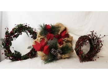 Three Artificial Christmas Holiday Wreaths