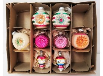 Eight Vintage Double Indent Shiny Brite Mercury Glass Christmas Ornaments