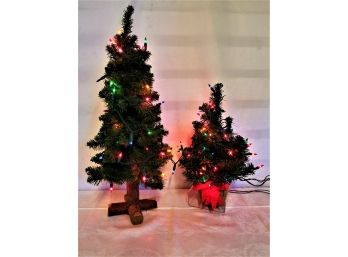 Two Light Up Table Top Christmas Trees