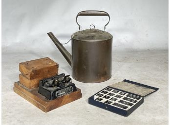 An Antique Film Splicer, Bolt Box, And Copper Kettle