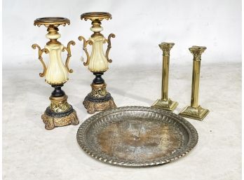Elegant Antique Decor - Copper Tray, Gilt Candlesticks And Brassware