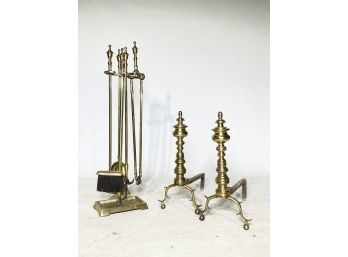 Vintage Brass Fireplace Tools And Andirons