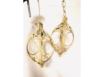 Pair Of Unique Mustard Tone Painted Bent Ratan Pendant Lamps