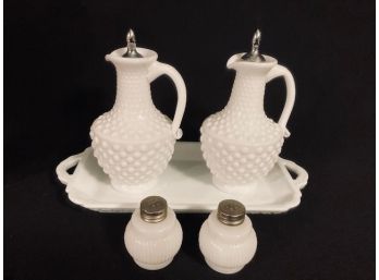 Vintage Mid-Century Hobnail Milk Glass Oil And Vinegar Cruets & Ribbed Hazel Atlas Styles