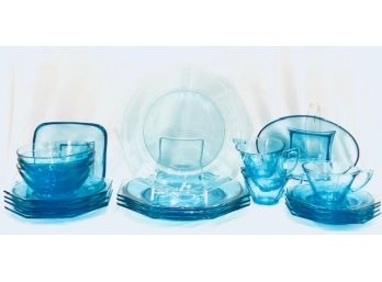 Vintage Mid-Century Modern Capri Blue Octagon Glass Dishware (21pcs)