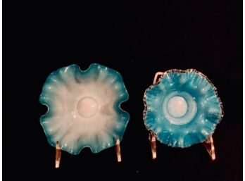 Pair Of Vintage Teal & White Hand-blown Ruffle Edge Bowls