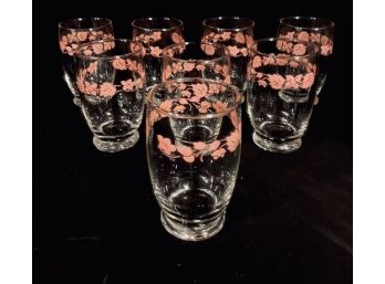 Set Of Vintage Footed Tumblers With Pink Floral Leaf Design (8ct)