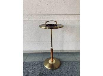 Swanky Teak And Brass Mid Century Smoking Stand W/ Amber Glass Ashtray