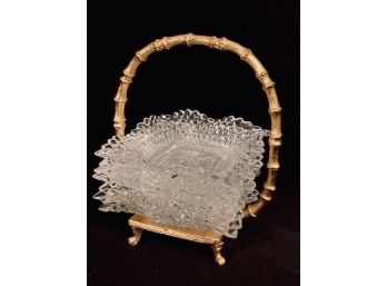 Vintage Diamond Point Tidbit Dishes In Figural Bamboo Gold Tone Carry Caddy