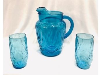 Vintage Mid-Century Capri Blue Pitcher With Tumblers