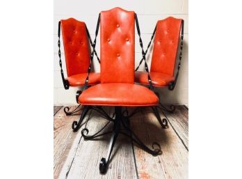 Vintage Painted Black Wrought Iron Swivel Chairs With Blood Orange Upholstery (3ct)