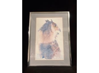 Artist Signed Horned Owl Watercolor Framed Wall Art