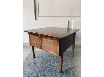 Vintage Mid-Centtury Modern Solid Walnut Side Table With Cane Doors