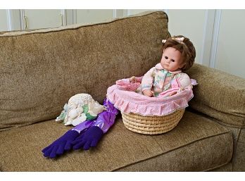 Large Vintage Baby Doll In Wicker Basket