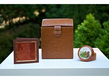 Domed Leather Desk Box, Leather Cased Hand Mirror & Circular Lidded Box